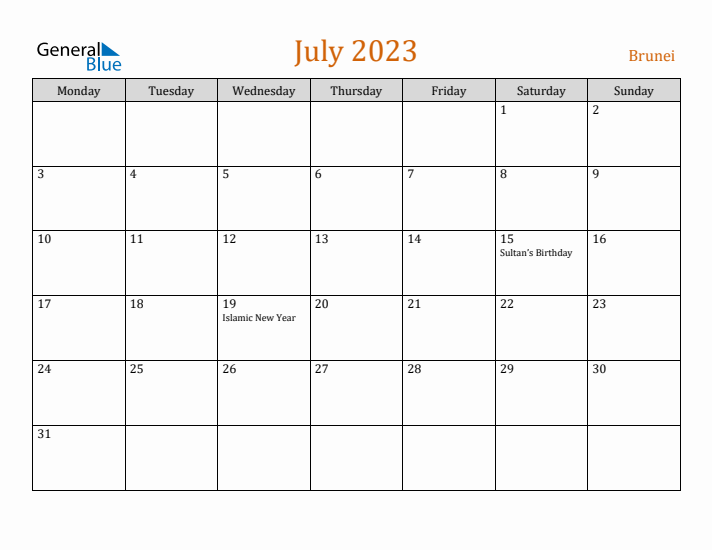 July 2023 Holiday Calendar with Monday Start