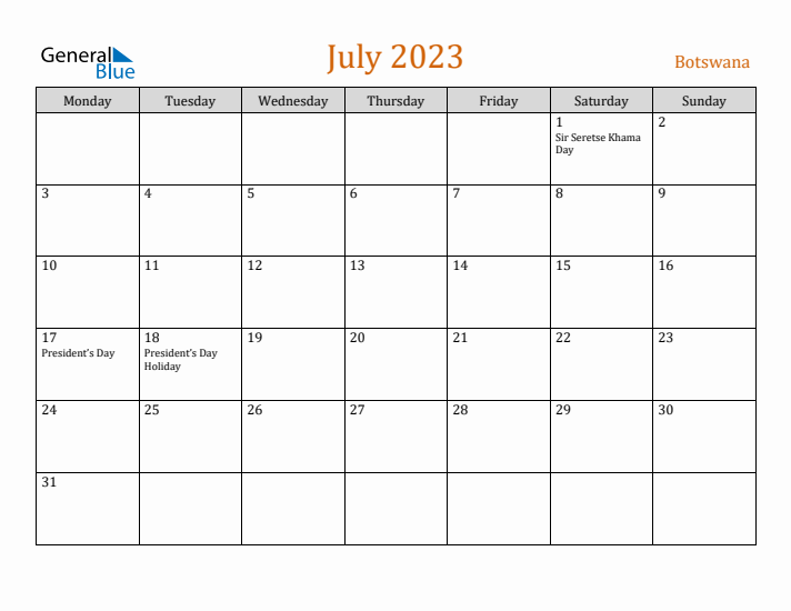 July 2023 Holiday Calendar with Monday Start