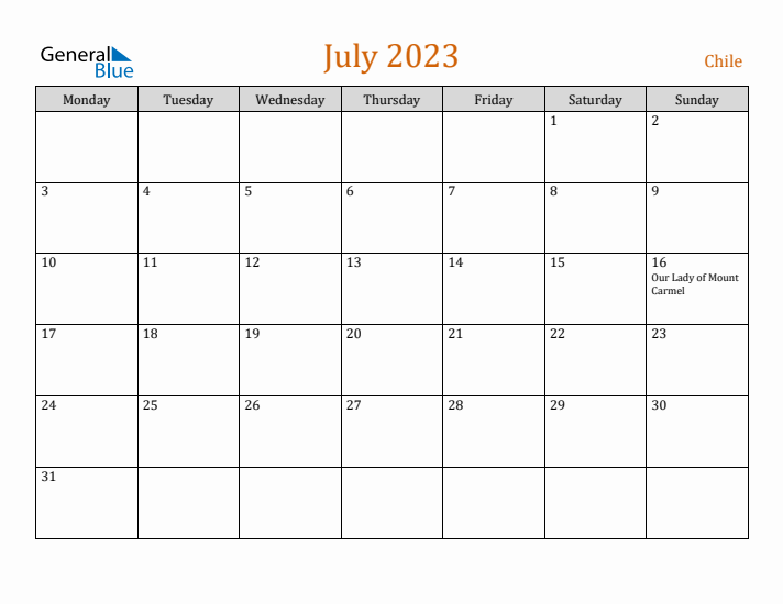 July 2023 Holiday Calendar with Monday Start