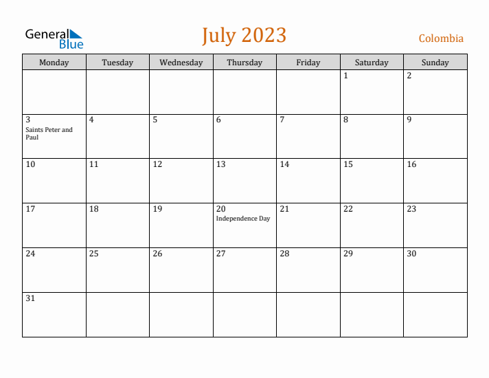 July 2023 Holiday Calendar with Monday Start