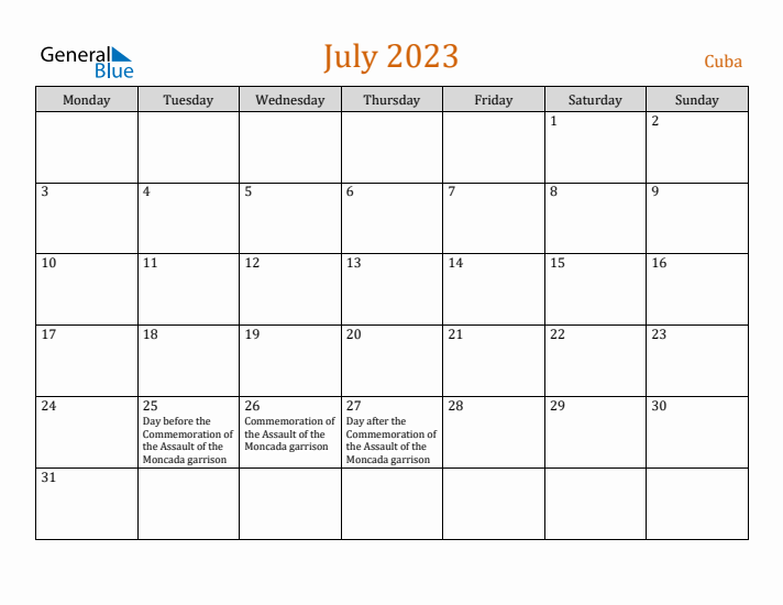 July 2023 Holiday Calendar with Monday Start