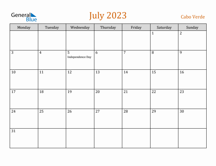 July 2023 Holiday Calendar with Monday Start