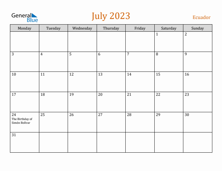 July 2023 Holiday Calendar with Monday Start