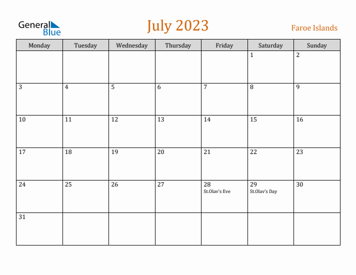 July 2023 Holiday Calendar with Monday Start