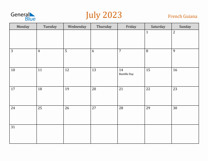 July 2023 Holiday Calendar with Monday Start