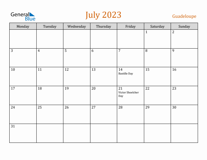 July 2023 Holiday Calendar with Monday Start