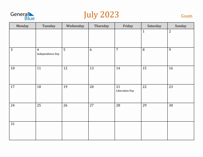 July 2023 Holiday Calendar with Monday Start