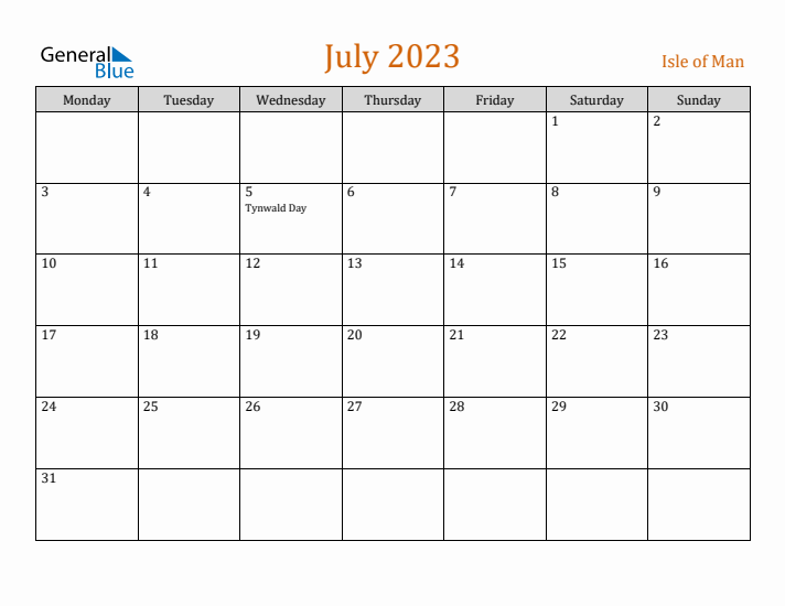 July 2023 Holiday Calendar with Monday Start