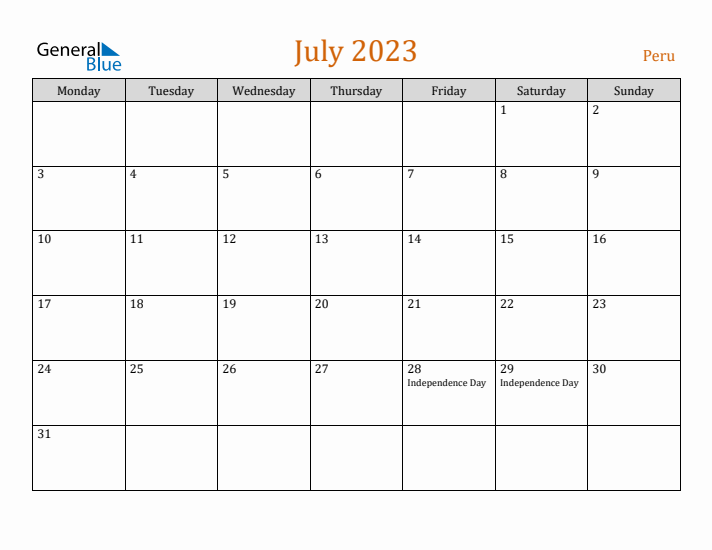 July 2023 Holiday Calendar with Monday Start