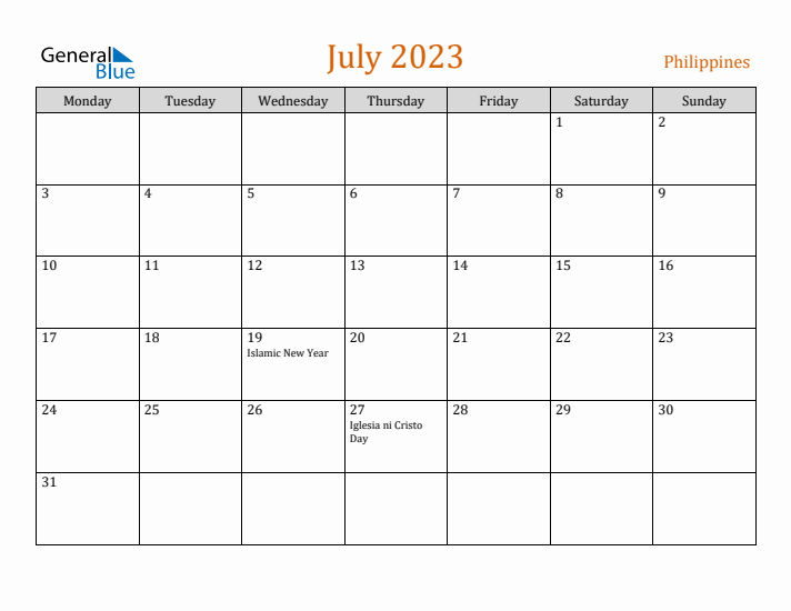 July 2023 Holiday Calendar with Monday Start