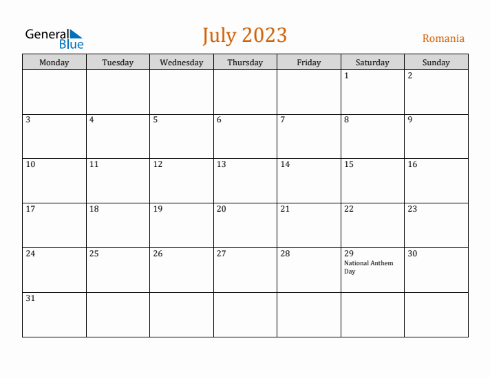 July 2023 Holiday Calendar with Monday Start