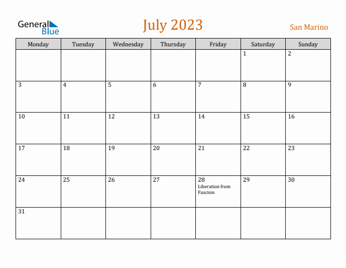 July 2023 Holiday Calendar with Monday Start