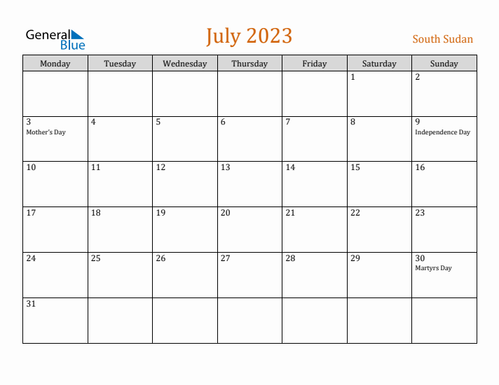 July 2023 Holiday Calendar with Monday Start