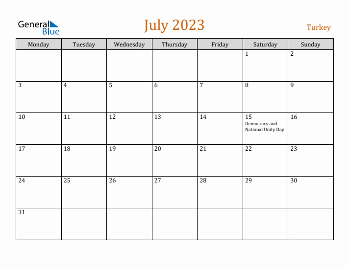 July 2023 Holiday Calendar with Monday Start