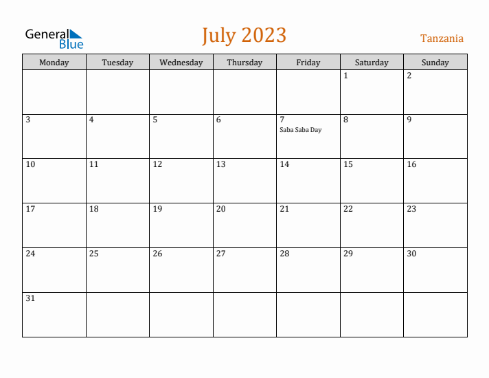 July 2023 Holiday Calendar with Monday Start