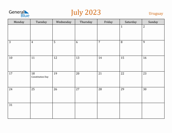 July 2023 Holiday Calendar with Monday Start