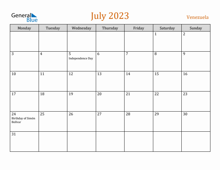 July 2023 Holiday Calendar with Monday Start