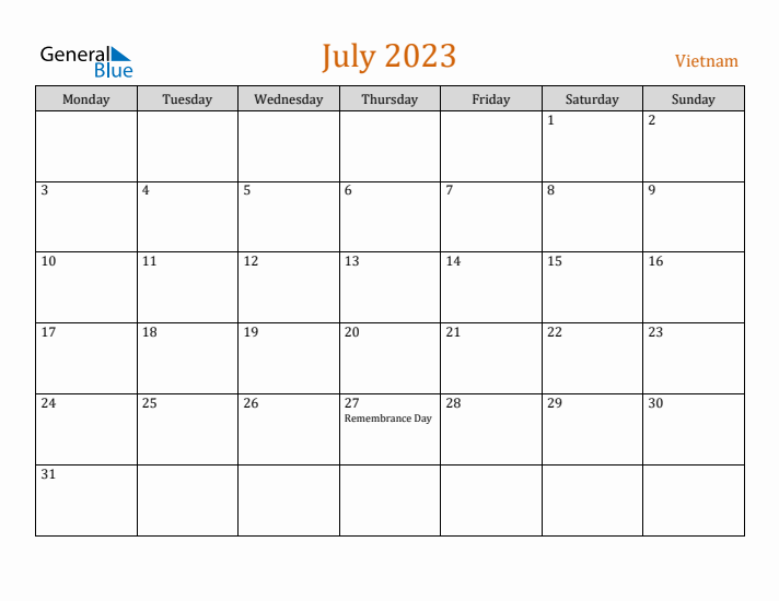 July 2023 Holiday Calendar with Monday Start