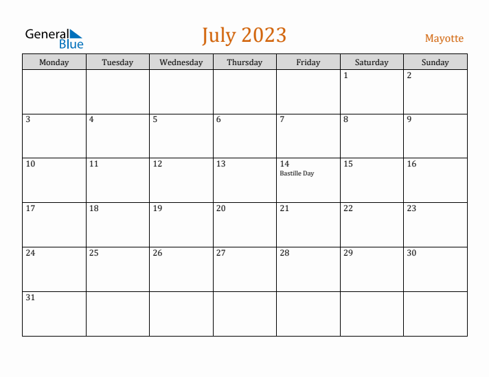 July 2023 Holiday Calendar with Monday Start