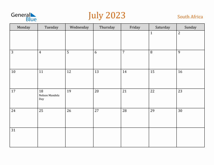 July 2023 Holiday Calendar with Monday Start