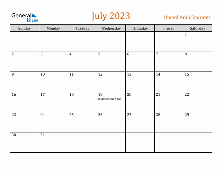 July 2023 Holiday Calendar with Sunday Start