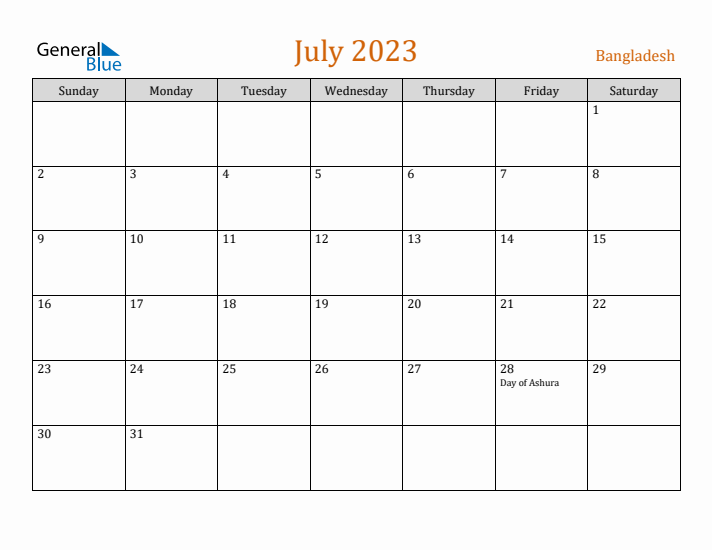 July 2023 Holiday Calendar with Sunday Start