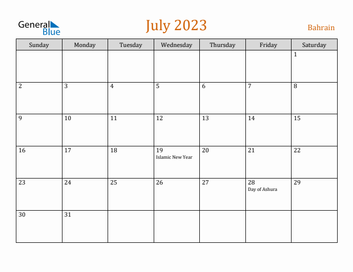 July 2023 Holiday Calendar with Sunday Start