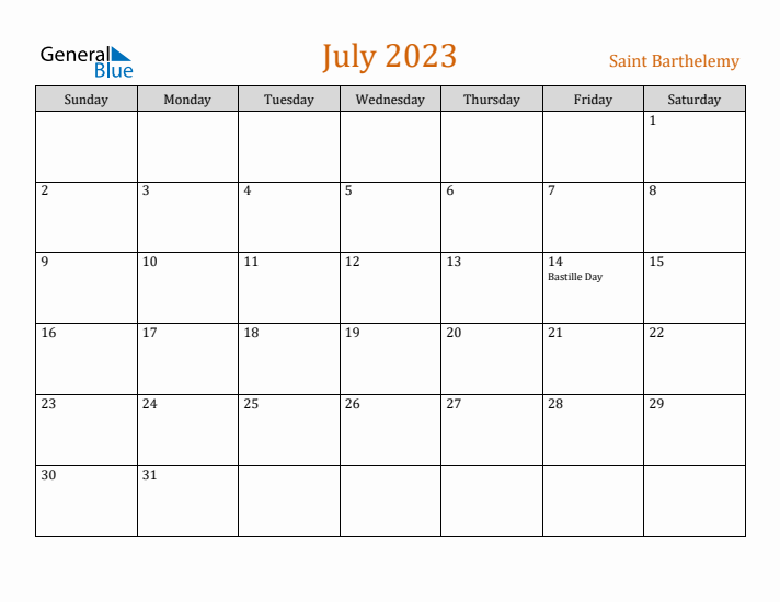 July 2023 Holiday Calendar with Sunday Start