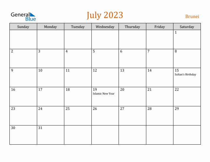 July 2023 Holiday Calendar with Sunday Start