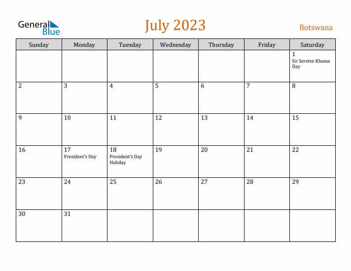 July 2023 Holiday Calendar with Sunday Start