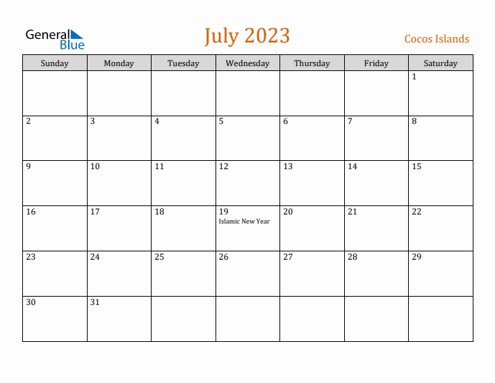 July 2023 Holiday Calendar with Sunday Start