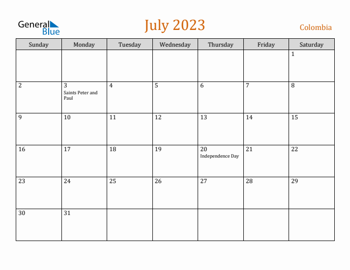 July 2023 Holiday Calendar with Sunday Start