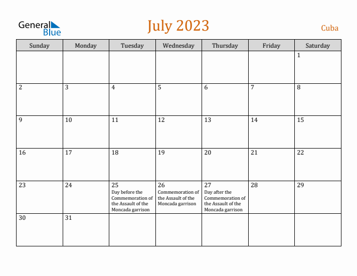 July 2023 Holiday Calendar with Sunday Start