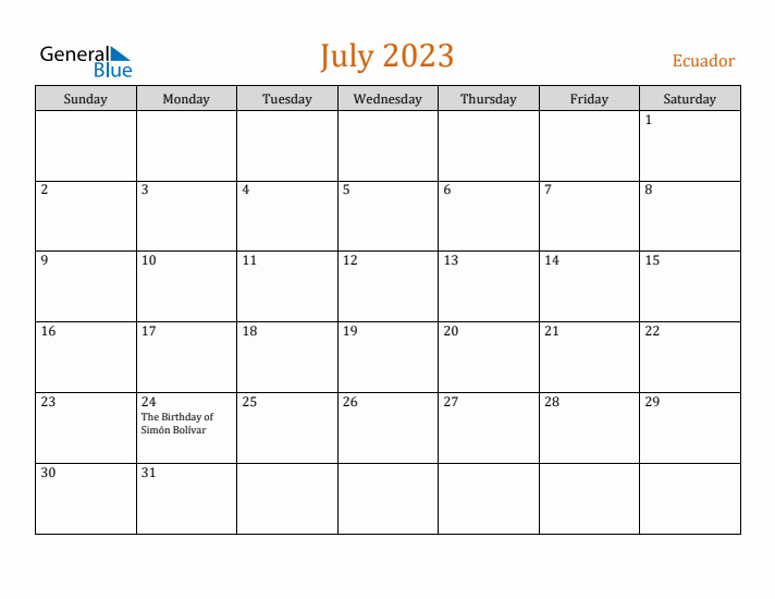 July 2023 Holiday Calendar with Sunday Start