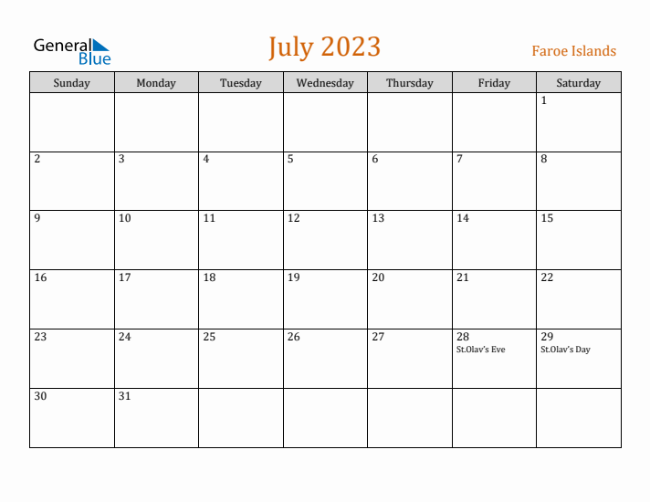 July 2023 Holiday Calendar with Sunday Start