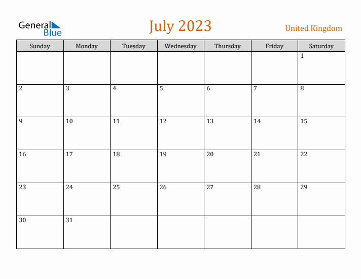 July 2023 Holiday Calendar with Sunday Start