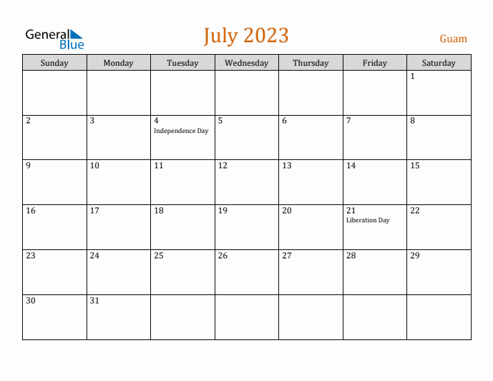 July 2023 Holiday Calendar with Sunday Start