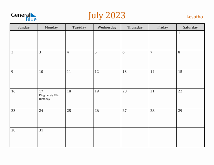 July 2023 Holiday Calendar with Sunday Start