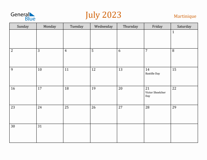 July 2023 Holiday Calendar with Sunday Start