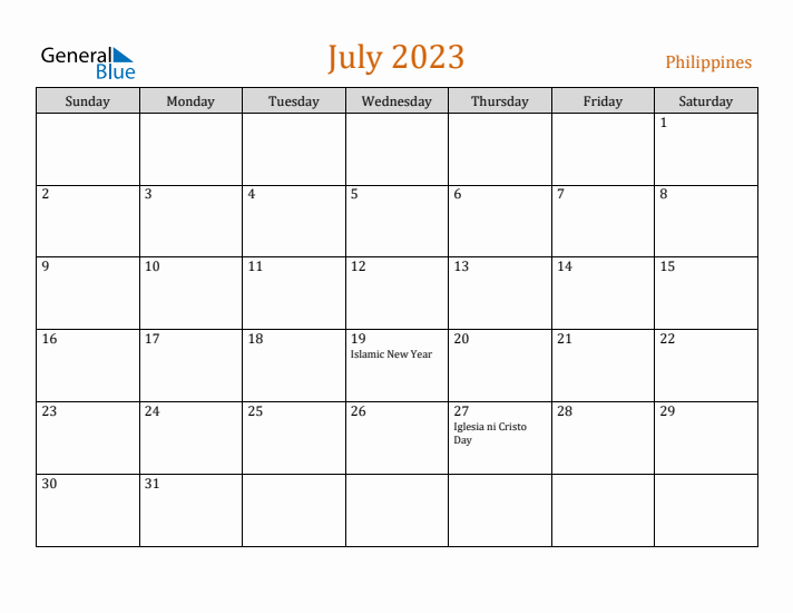 July 2023 Holiday Calendar with Sunday Start