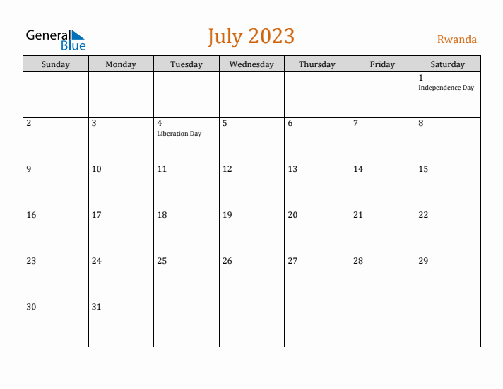 July 2023 Holiday Calendar with Sunday Start