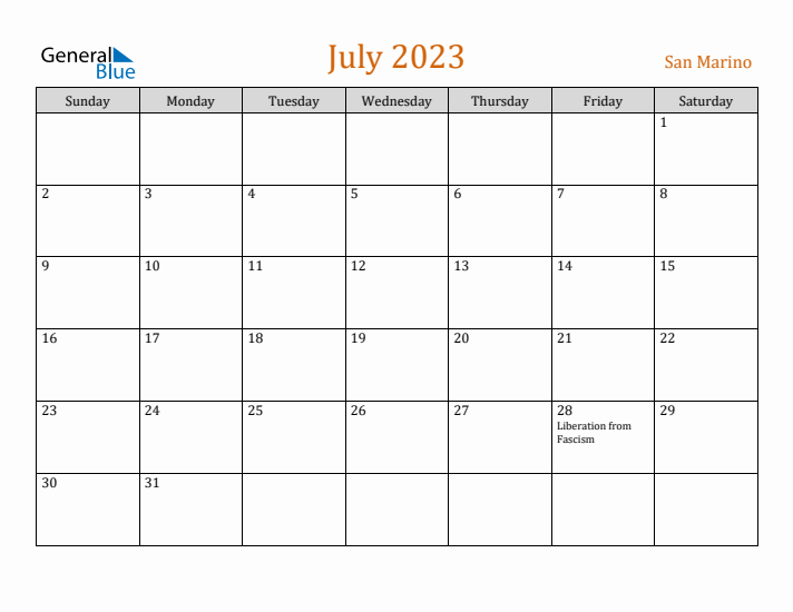 July 2023 Holiday Calendar with Sunday Start