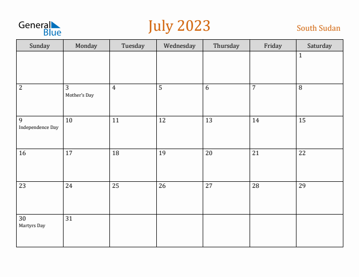 July 2023 Holiday Calendar with Sunday Start