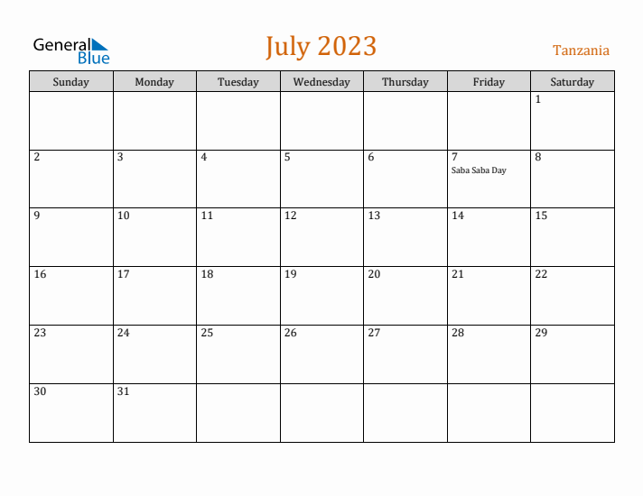 July 2023 Holiday Calendar with Sunday Start