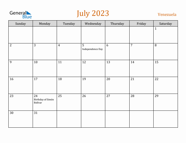 July 2023 Holiday Calendar with Sunday Start