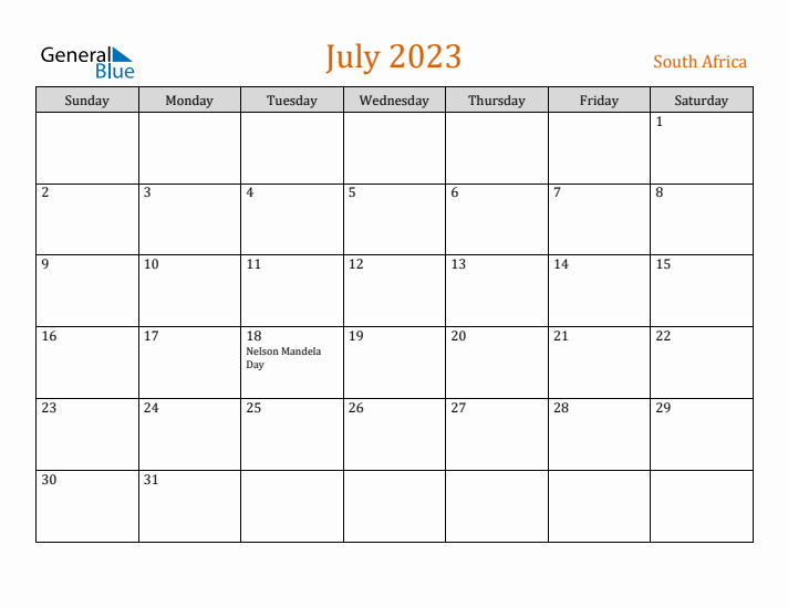 July 2023 Holiday Calendar with Sunday Start