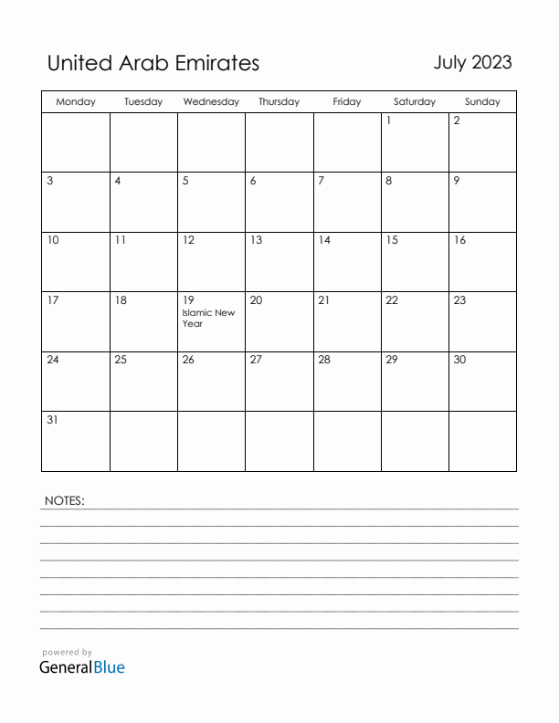 July 2023 United Arab Emirates Calendar with Holidays (Monday Start)