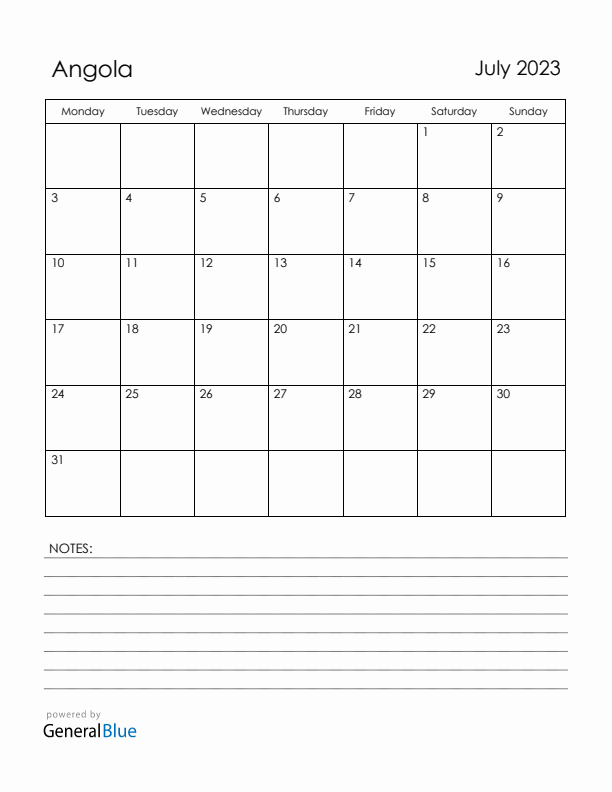 July 2023 Angola Calendar with Holidays (Monday Start)