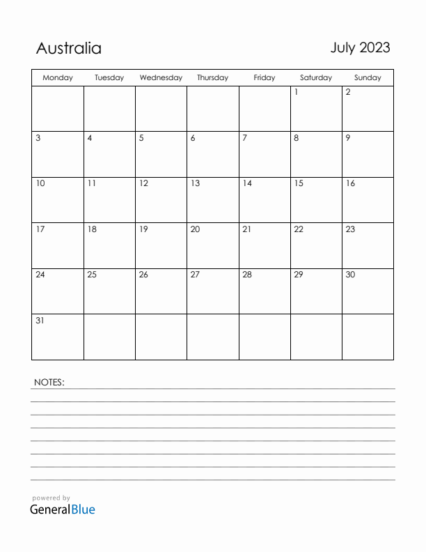 July 2023 Australia Calendar with Holidays (Monday Start)