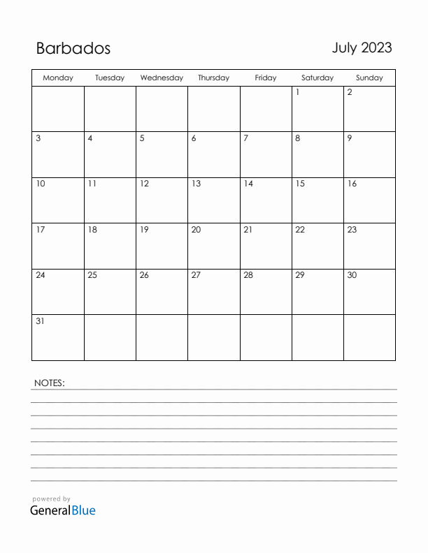 July 2023 Barbados Calendar with Holidays (Monday Start)